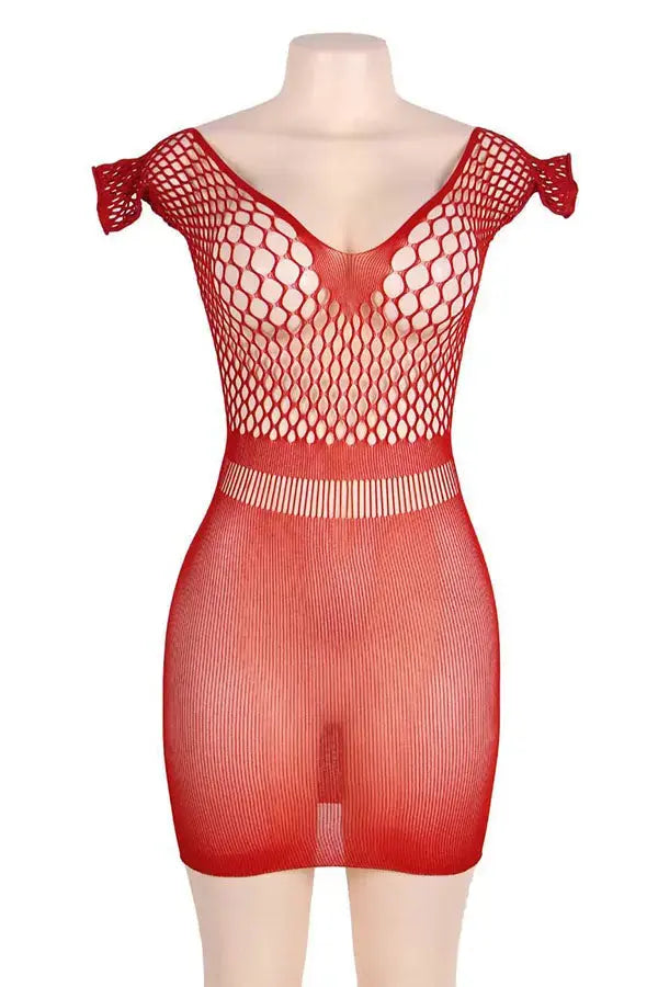 Plus Size Red Crochet Mesh Hollow-out Mini Chemise Dress Lingerie Diva