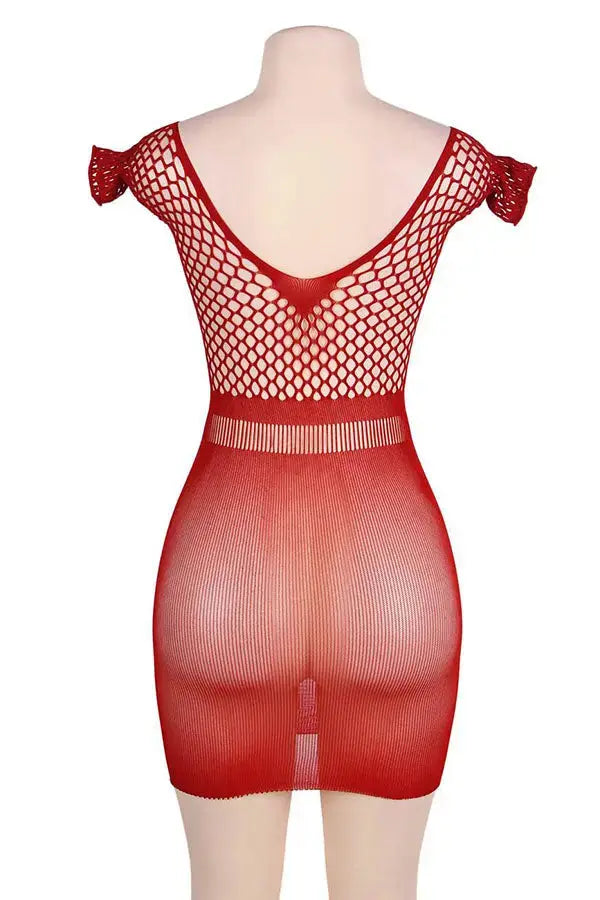 Plus Size Red Crochet Mesh Hollow-out Mini Chemise Dress Lingerie Diva