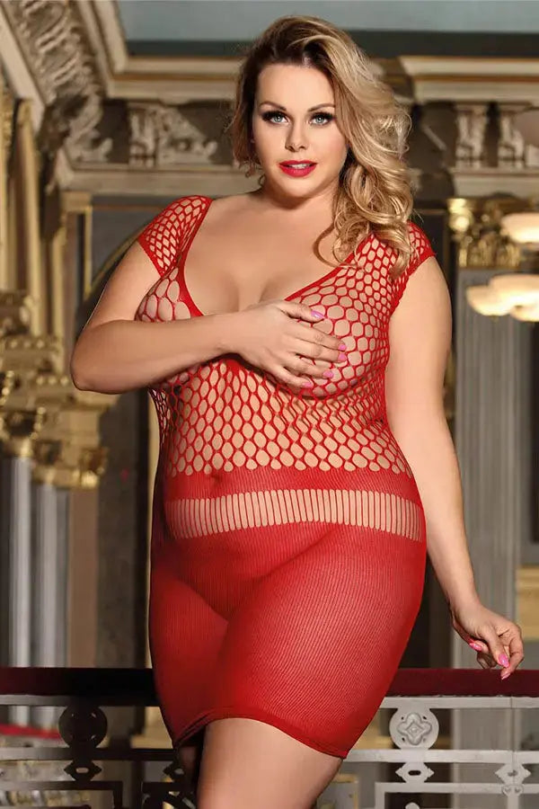 Plus Size Red Crochet Mesh Hollow-out Mini Chemise Dress Lingerie Diva