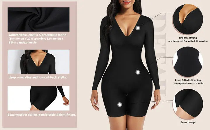 Black Deep V-Neck Shapewear With Slimming Compression and Mid Thigh Shorts CocoLolos