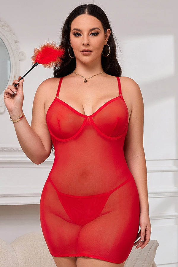 Plus Size Red Sexy Mesh Strappy Chemise