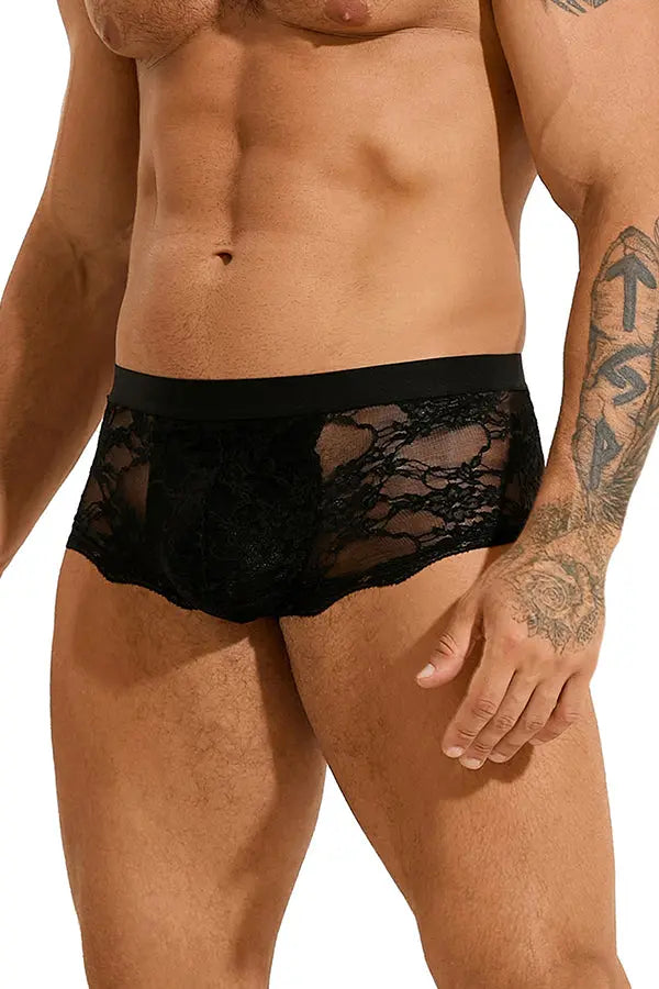 Men's Black Floral Lace Boxer Briefs Lingerie Diva