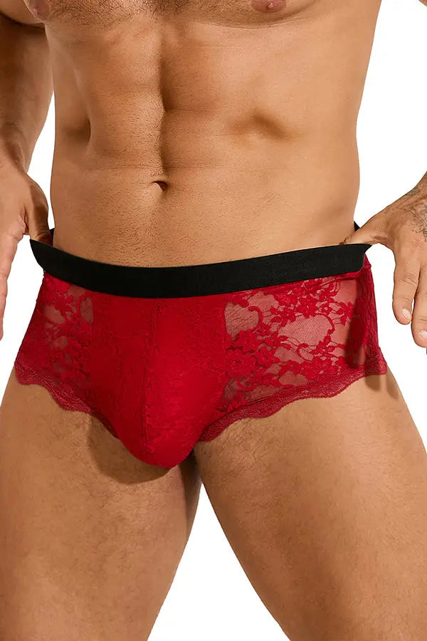 Men's Red Floral Lace Boxer Briefs Lingerie Diva