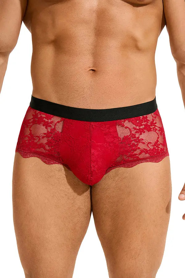 Men's Red Floral Lace Boxer Briefs Lingerie Diva