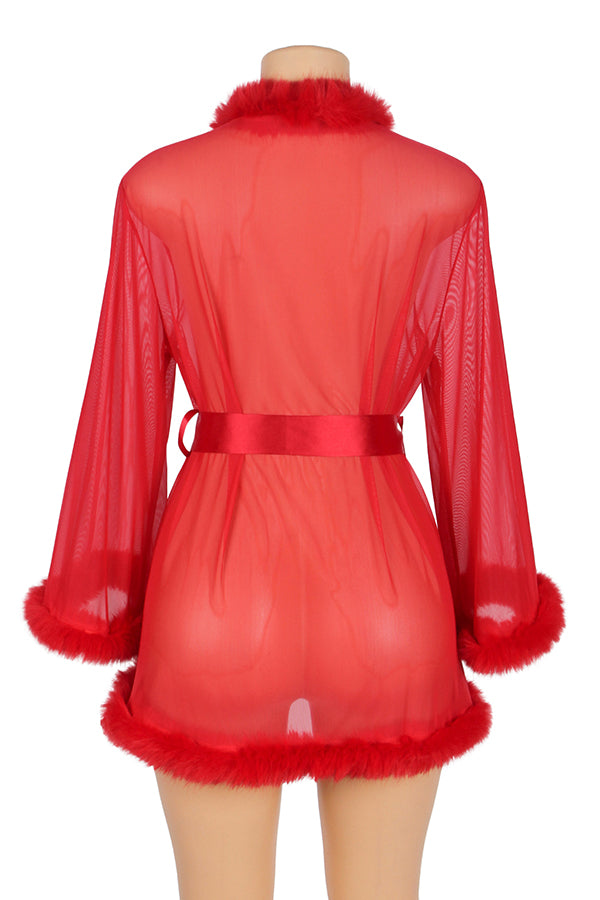 Red Sheer Faux Fur Trim Robe