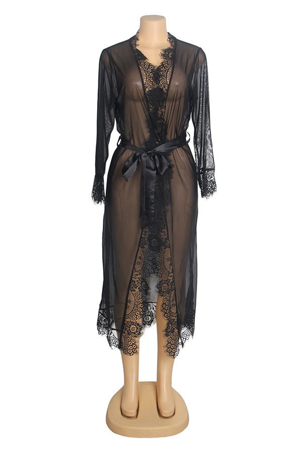 Plus Size Black Sheer Lace Robe