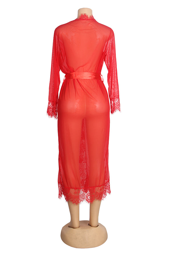 Plus Size Red Sheer Lace Robe