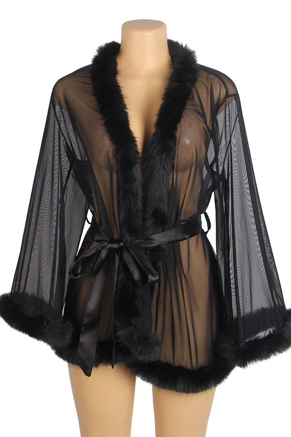 Black Sheer Faux Fur Trim Robe
