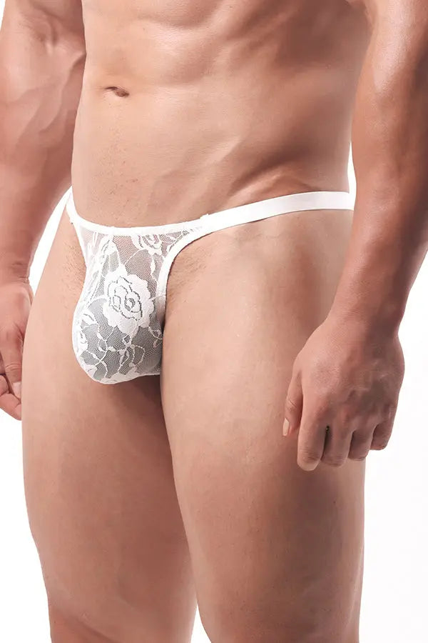 Men's Sexy White Floral Lace Thong Lingerie Diva