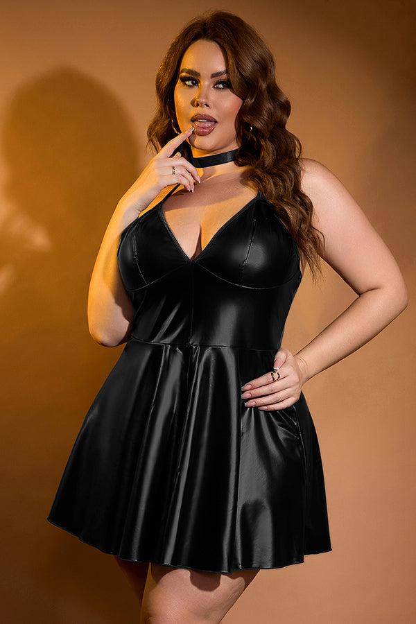 Plus Size Sexy Black Faux Leather Babydoll