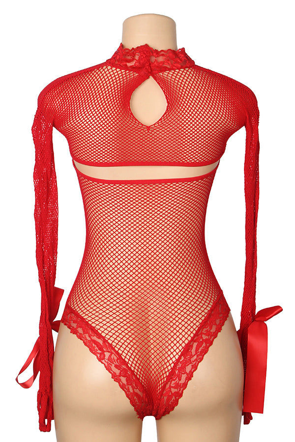 Plus Size Red Fishnet Bodysuit