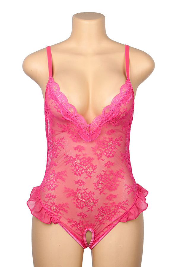 Hot Pink Crotchless Lace Teddy Bodysuit
