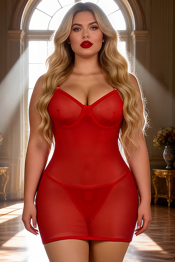 Plus Size Red Sexy Mesh Strappy Chemise