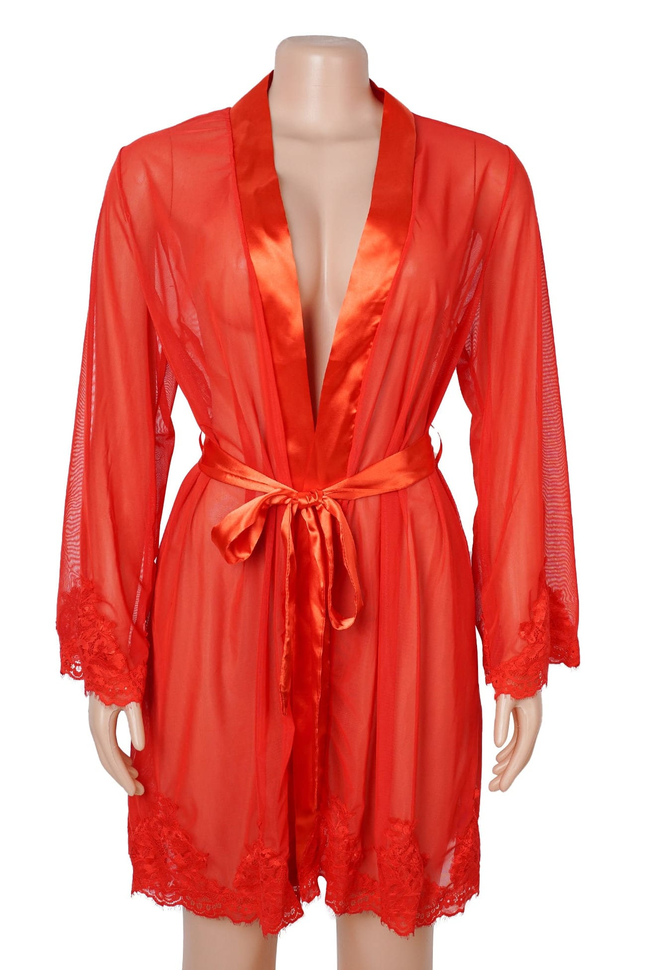 Red Sheer Mesh Floral Lace Robe