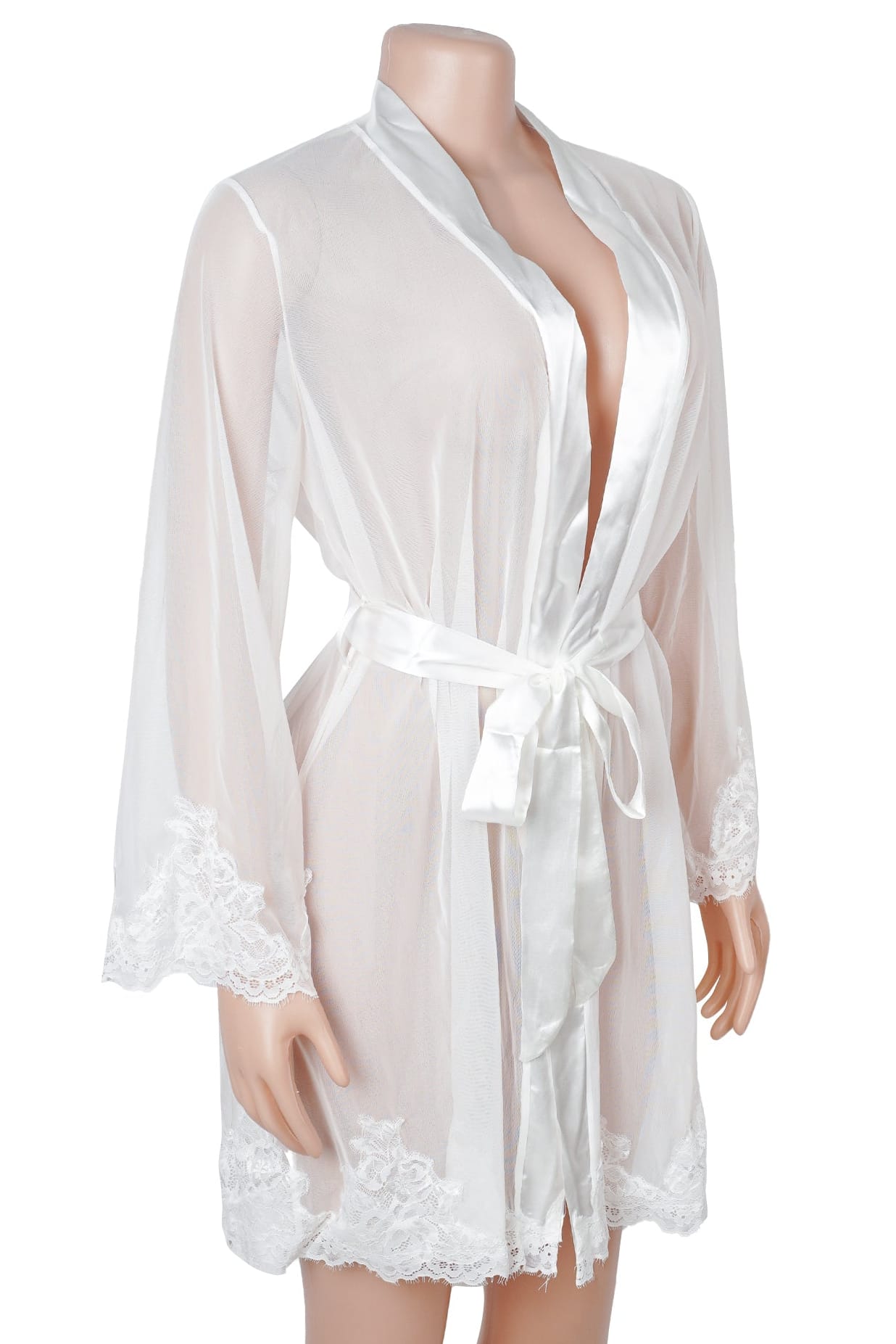 White Sheer Mesh Floral Lace Robe