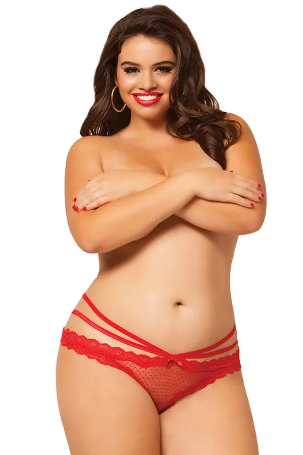Plus Size Red Polka Dot Mesh Lace Crotchless Panty Seven 'til Midnight