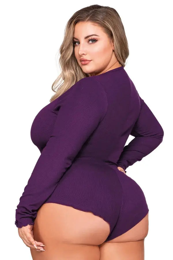 Plus Size Purple Stretch Rib Knit Sleepwear Romper with Plunge Neckline Dreamgirl