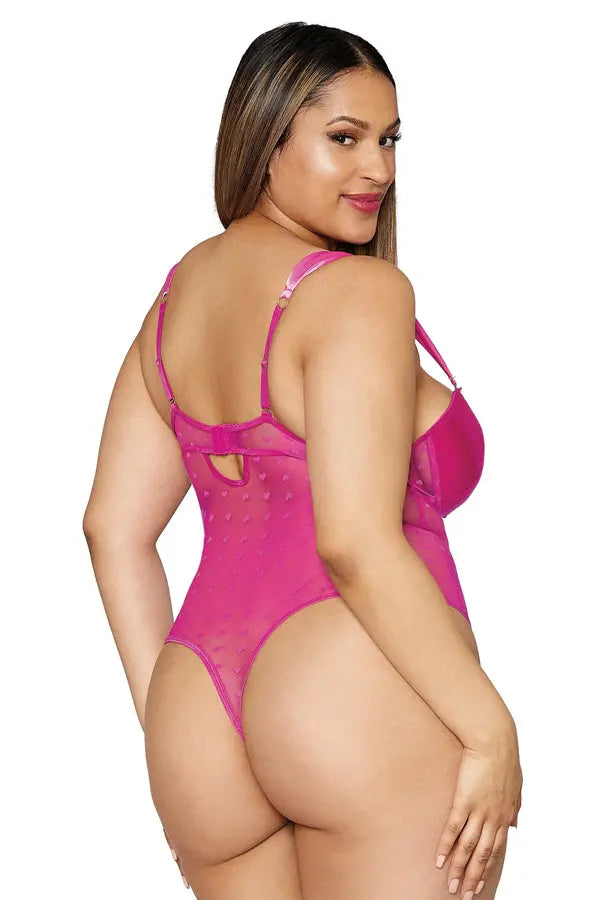 Plus Size Hot Pink Stretch Satin and Heart Mesh Teddy Dreamgirl