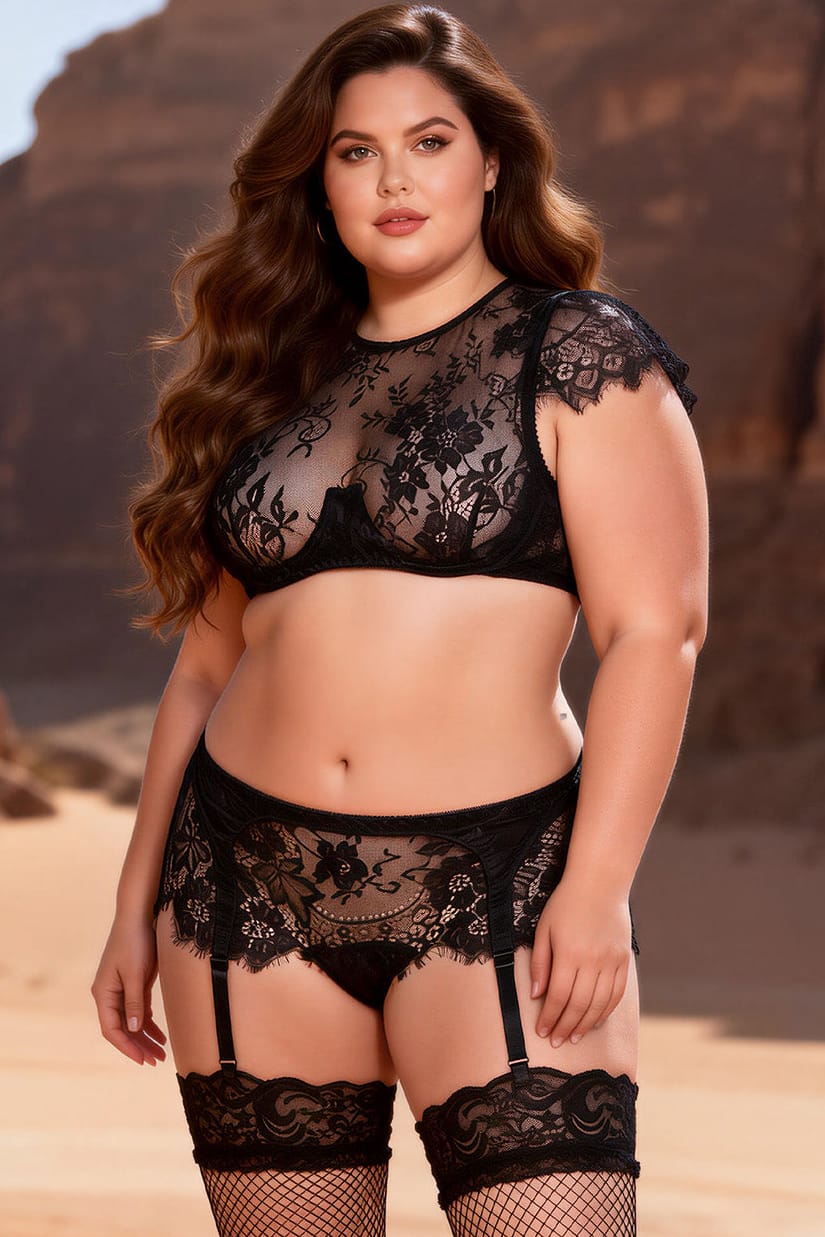 Plus SIze Black Lace Crop Top Bra and Matching Garter Set with Panty