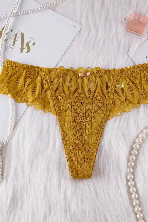 Yellow Lacey Lace-Up Thong FineToo