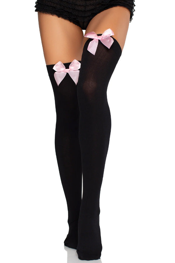 Pink Bow with Black Opaque Thigh Highs