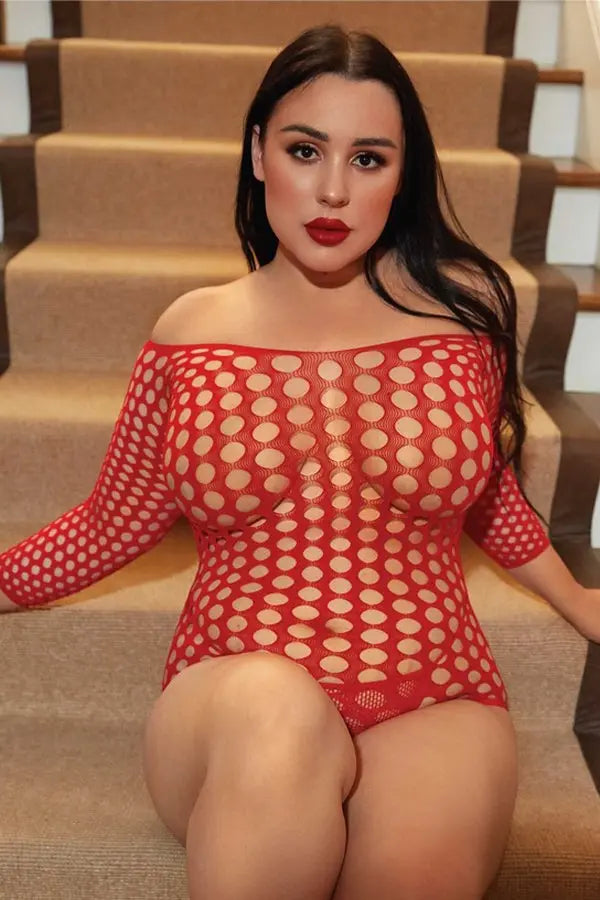 Plus Red 3/4 Sleeve Mesh Fishnet Bodysuit Yelete