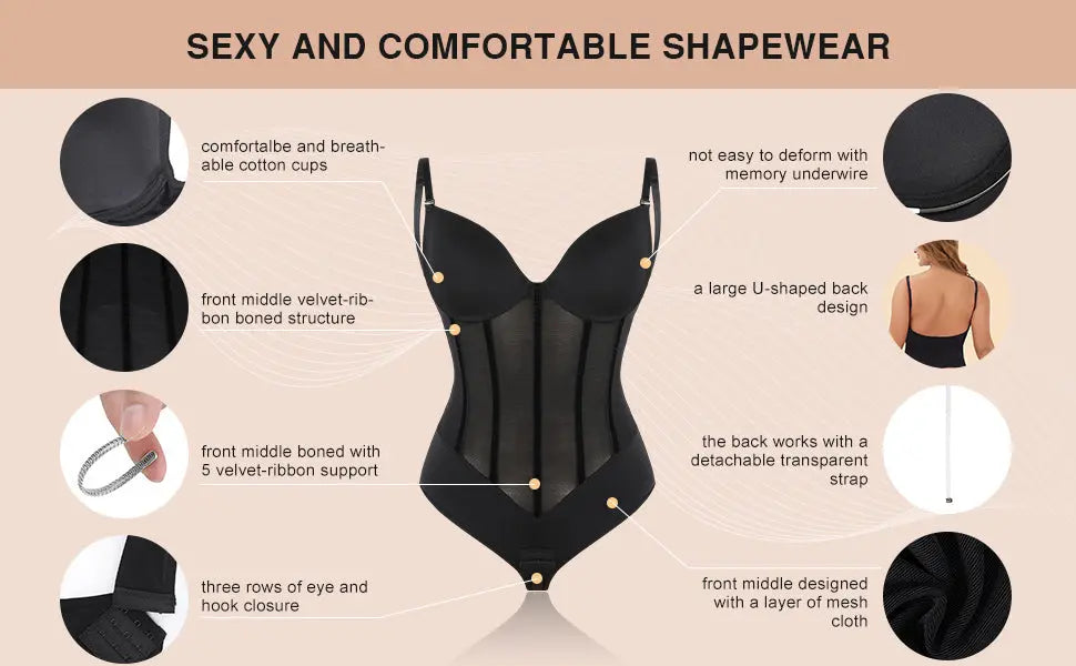 Black Plunge Backless Bodysuit Shaper With Built-In Bra And Velvet Boned Corset CocoLolos