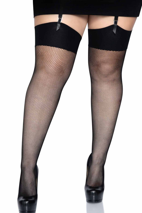 Plus Size Wide Band Fishnet Thigh High Stockings