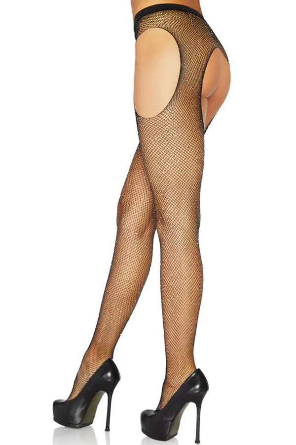 Black Casey Rhinestone Fishnet Suspender Pantyhose Leg Avenue