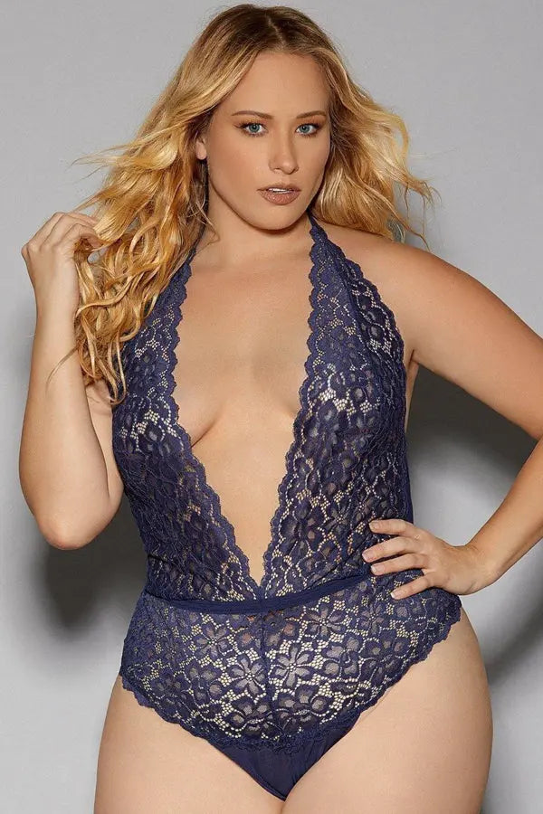 Plus Size Navy Open Back Lace Teddy Escante