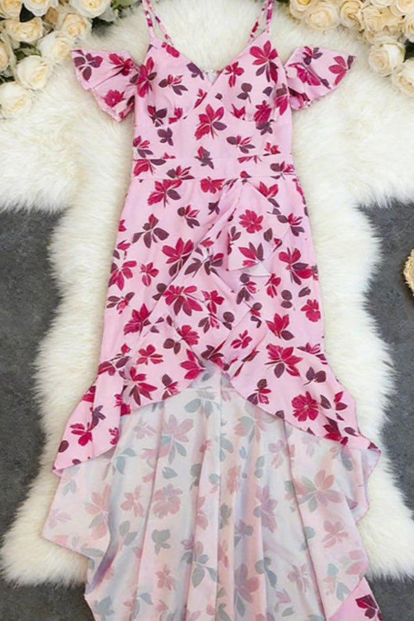 Pink Floral Off Shoulder Ruffle Dress