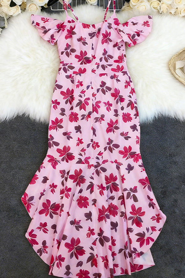 Pink Floral Off Shoulder Ruffle Dress