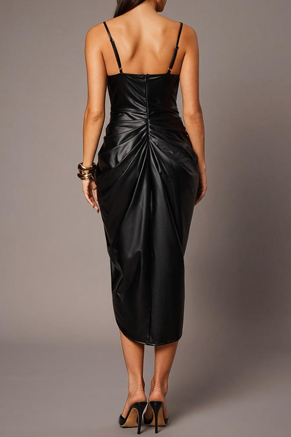 Black Ruched Faux Leather Midi Dress