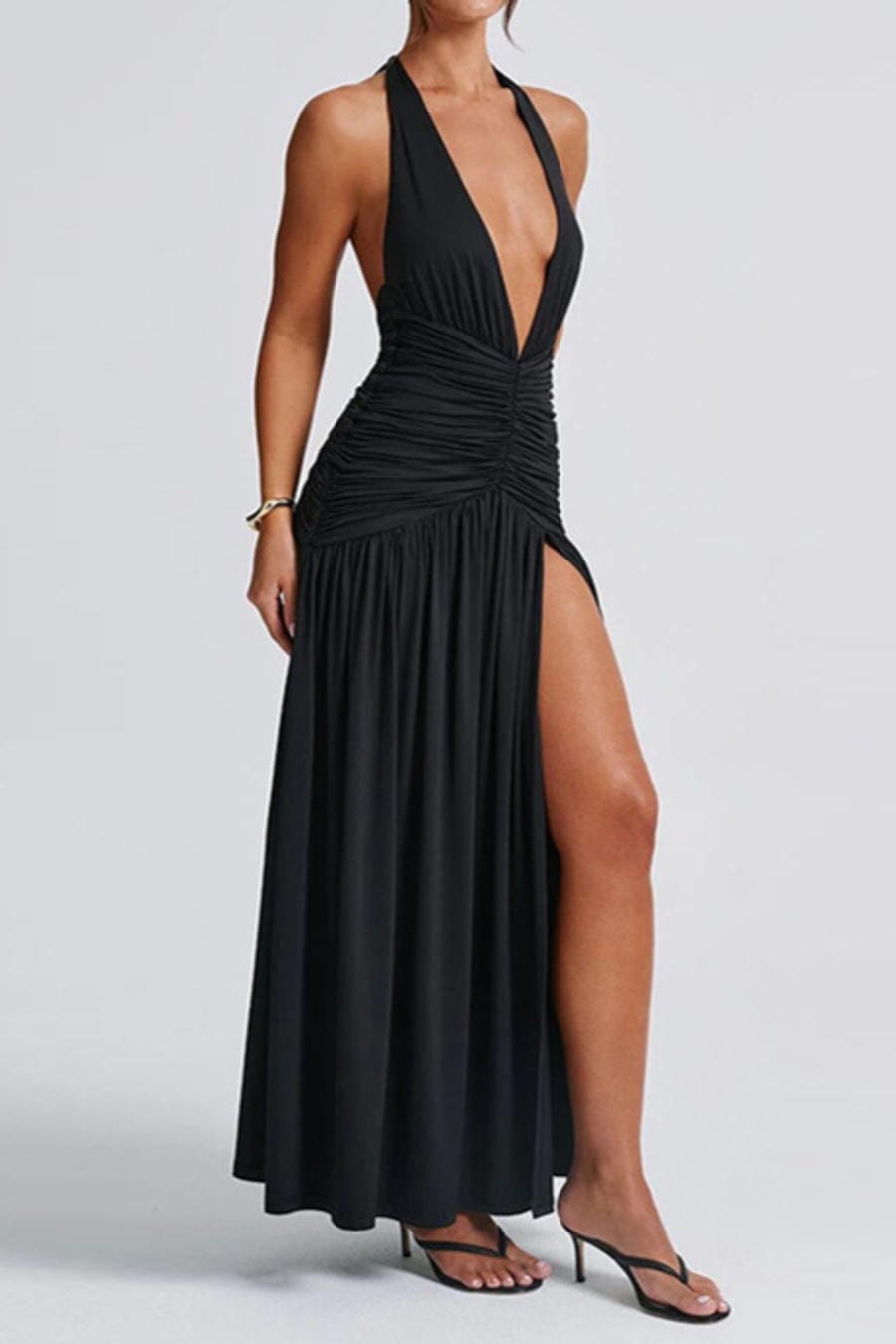 Black Deep V Halter Ruched Maxi Dress