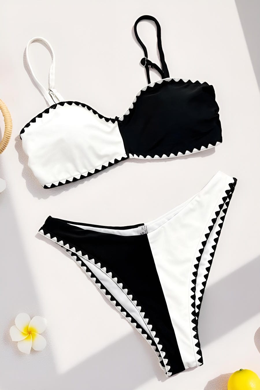 Black White Color Block Scalloped Edge Bikini Set