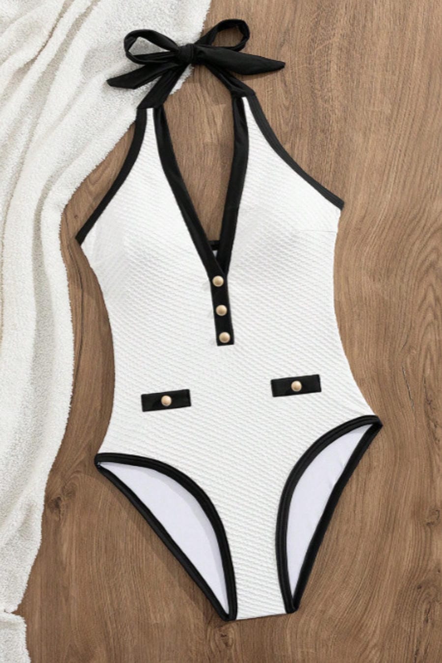 White Black Trim Plunging Halter One Piece Swimsuit