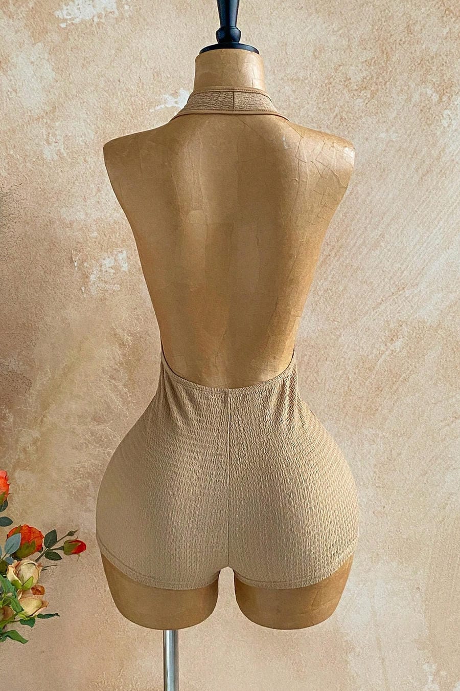 Nude Beige Halter Plunge Romper