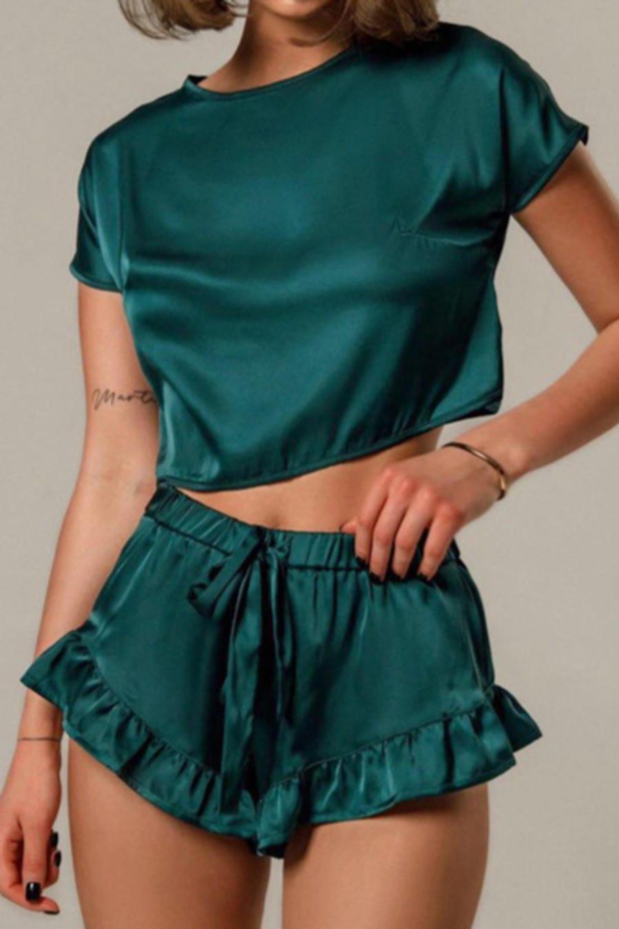 Green Satin Crop Top and Ruffle Shorts Set