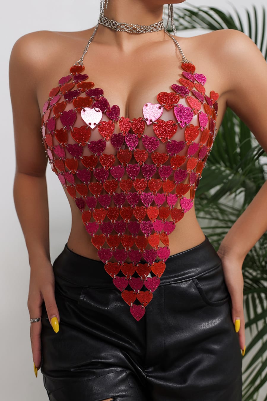 Red and Pink Sparkle Backless Chain Festival Top