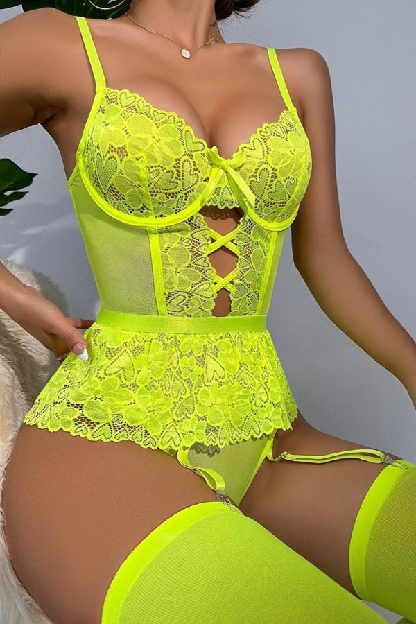 Neon Green Heart Lace and Mesh Cutout Teddy