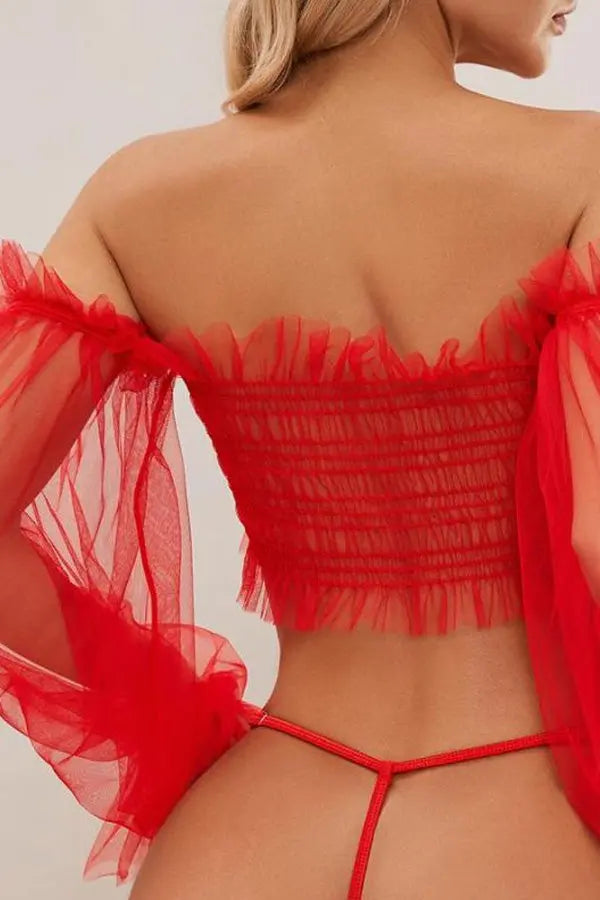 Red Sheer Ruched Top and G-String Set Lingerie Diva