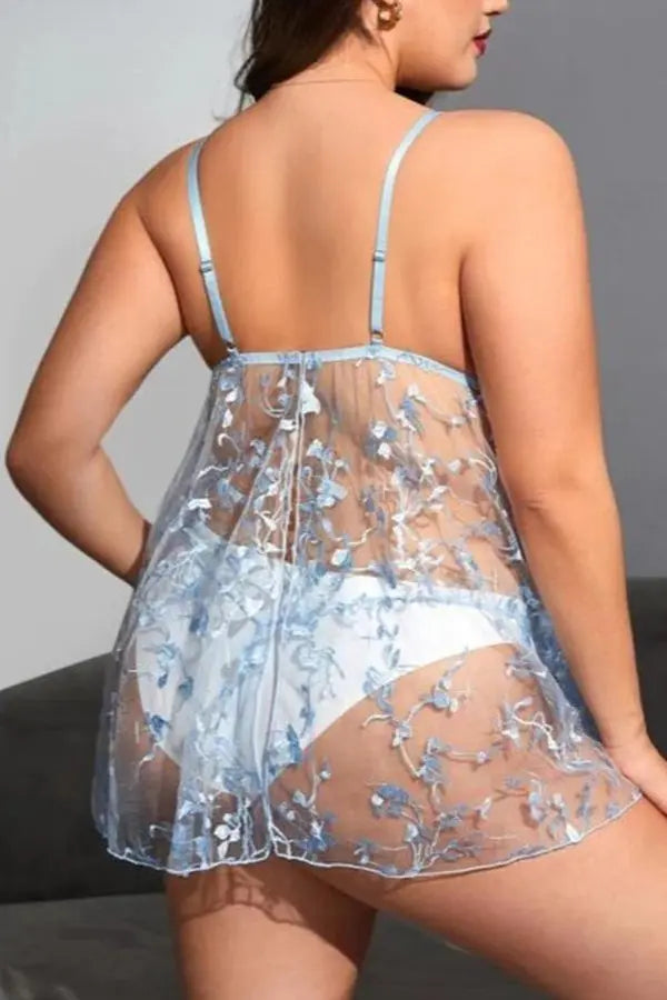 Plus Size Blue Sheer Mesh Flower Embroidery Babydoll Lingerie Diva