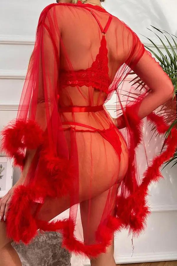 Red Sheer Mesh Robe with Feather Trim Lingerie Diva