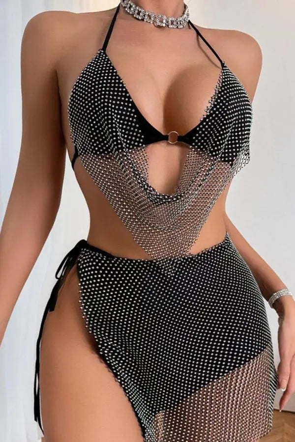 Black Rhinestone Fishnet 3 Piece Set Lingerie Diva