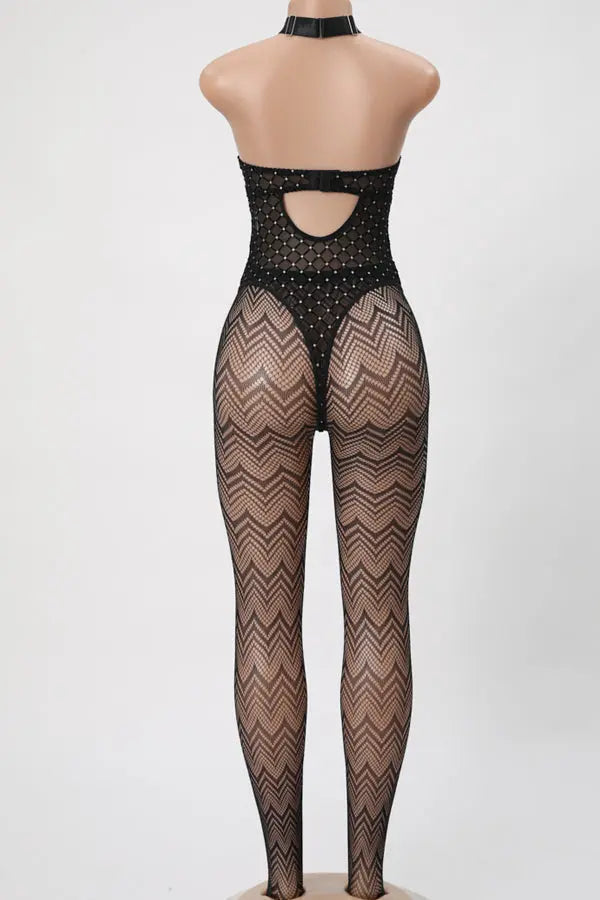 Black flocked diamond teddy with fishnet LingerieDiva