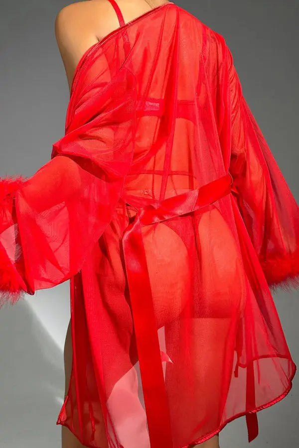 Red Heart Lace Bra, Panty and Robe Set Lingerie Diva