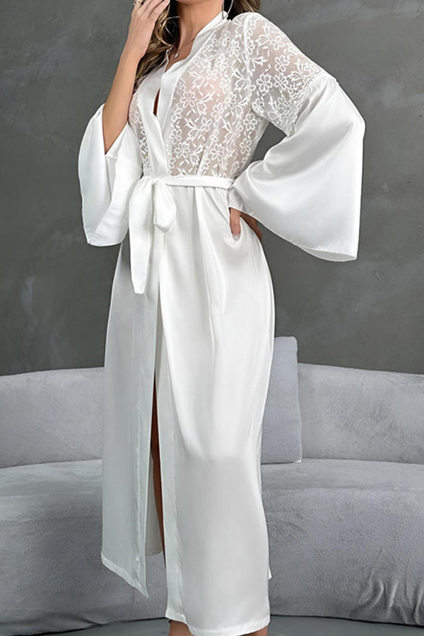 Long White Satin Robe with Lace Sleeves Lingerie Diva