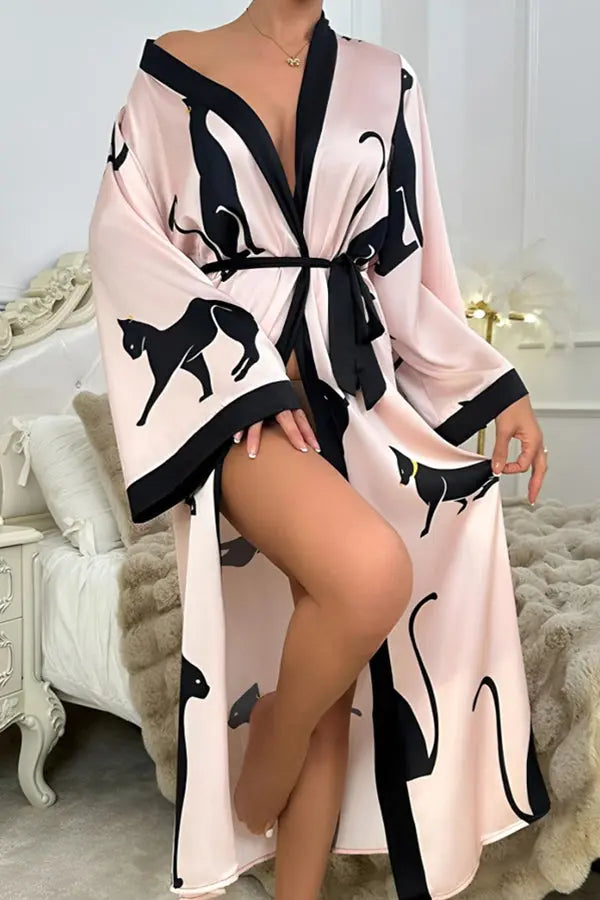 Satin Kimono Robe with Black Cat Print Lingerie Diva