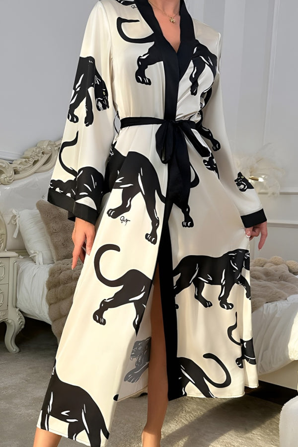 Black Panther Print Satin Kimono Robe