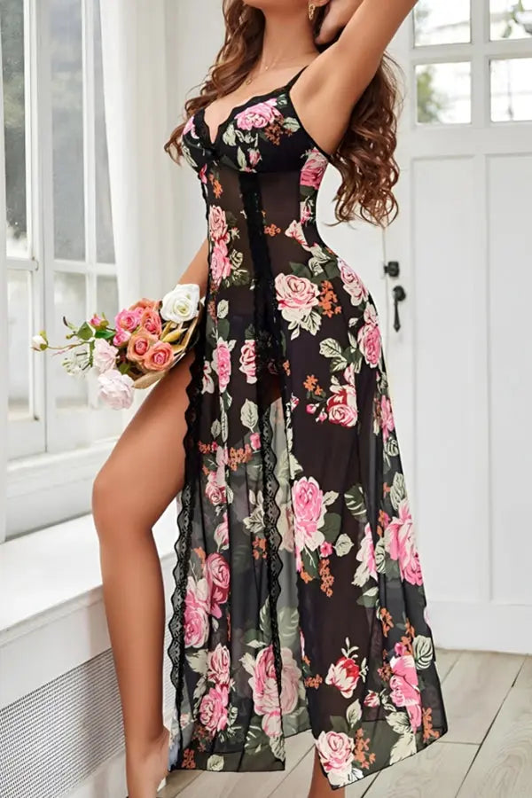 Floral Print Black Sheer Lace Lingerie Gown Lingerie Diva
